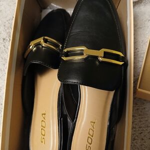 Soda Women's Black Loafers with Gold Accent